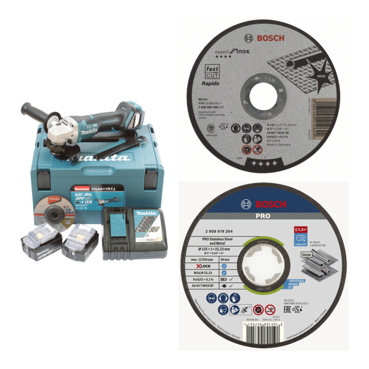 Set Makita Akku-Winkelschleifer DGA517RTJ, 18 V, 5,0 Ah + Bosch PRO INOX+Metal TS,125x1x22.23mm,ger.,oSa