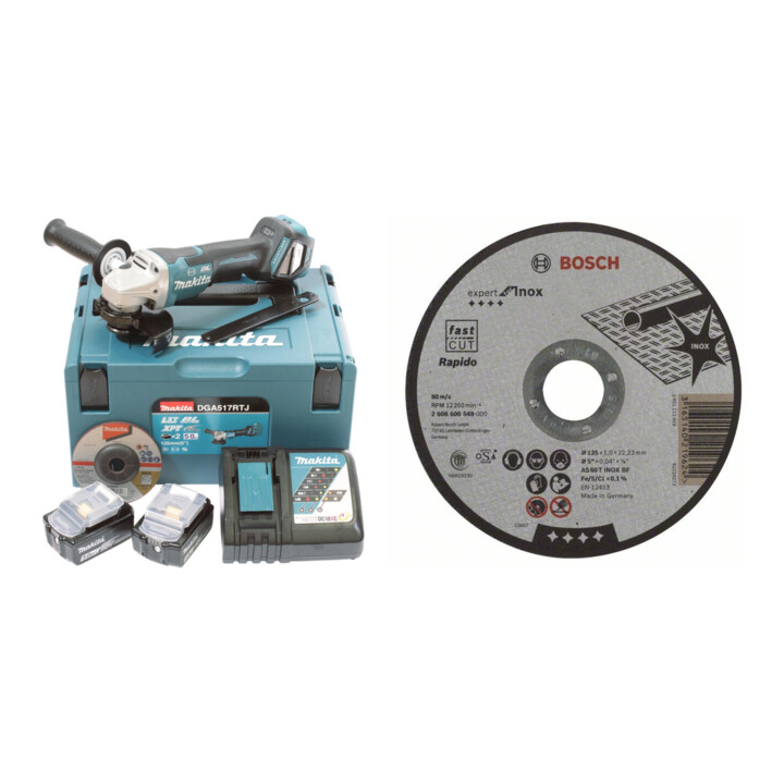 Set Makita Akku-Winkelschleifer DGA517RTJ, 18 V, 5,0 Ah + Bosch PRO INOX+Metal TS,125x1x22.23mm,ger.,oSa