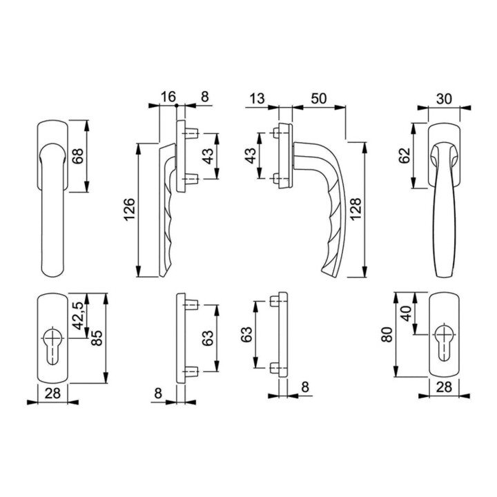 Hoppe Balkontürgarnitur New York flacher Griff  Aluminium 63 - 73 Profilzylinder (PZ)