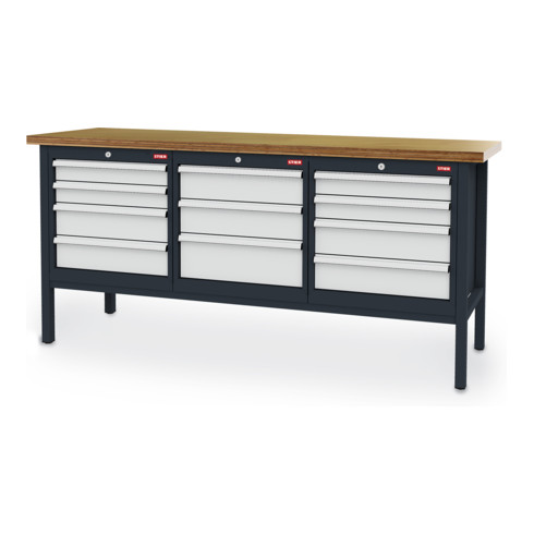 STIER Banco da lavoro con 11 cassetti largh.xprof.xalt. 2000x600x960 mm RAL 7016 / RAL 7035