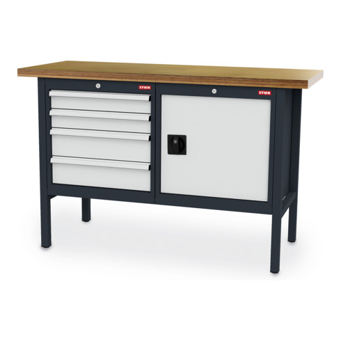 STIER Banco da lavoro con 4 cassetti e 1 sportello largh.xprof.xalt. 1500x600x960 mm RAL 7016 / RAL 7035
