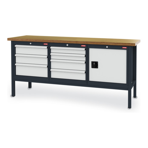 STIER Banco da lavoro con 7 cassetti e 1 sportello largh.xprof.xalt. 2000x600x960 mm RAL 7016 / RAL 7035
