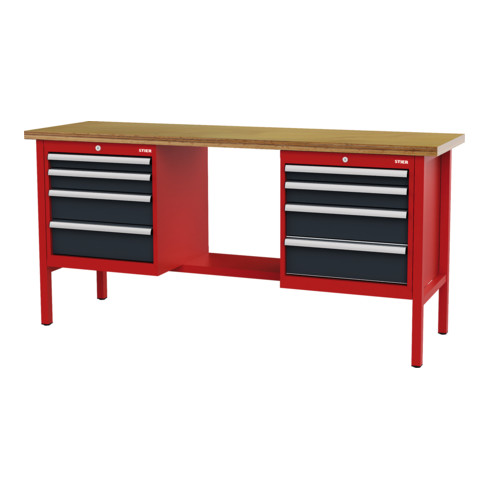 STIER Banco da lavoro con 8 cassetti largh.xprof.xalt. 2000x600x960 mm RAL 3020 / RAL 7016