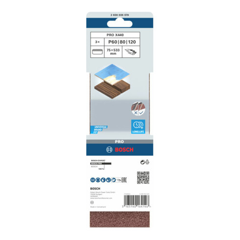 Bande abrasive X440, kit de 3 pièces 75 x 533 mm, 60; 80; 100