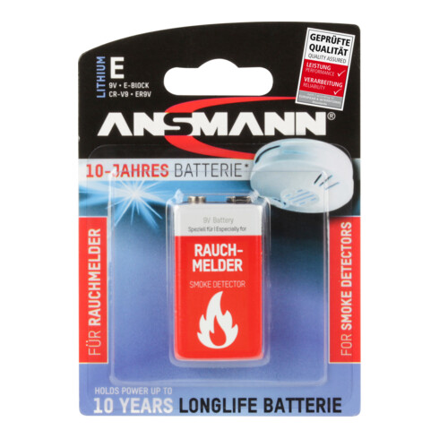 Batterie Ansmann 10 ans pour détecteur de fumée 9V Lithium E-Block