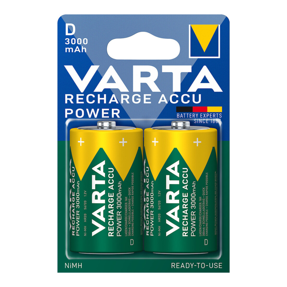 Batterie d´accumulateur 1,2 V 3000 mAh R20-D-Mono HR20 2 2pces/blister VARTA