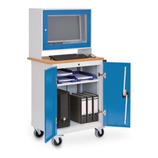 Bedrunka+Hirth Computerwagen mit Monitoraufsatzgehäuse und Arbeitsplatte 2 Flügeltüren