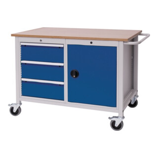Bedrunka+Hirth établi B1250xT750xH935mm hêtre multiplex multiplex gris clair signal bleu 3publ. 1door