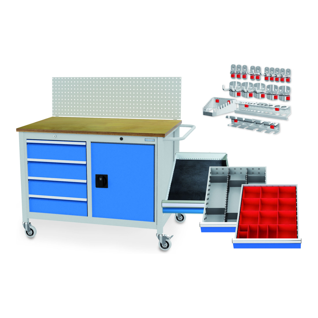 Bedrunka+Hirth Établi mobile type 1250 M avec panneau perforé, compartiments, crochets