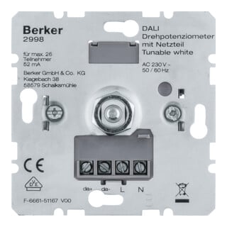 Berker Potentiomètre rotatif DALI réglable blanc avec alimentation 2998