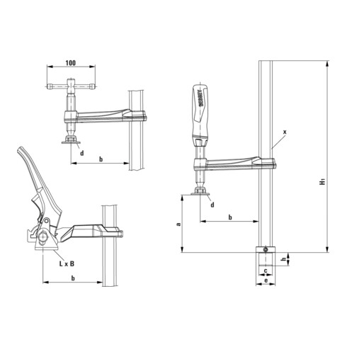 Bessey Elemento di serraggio con sporgenza fissa TW28 300/140, impugnatura a leva