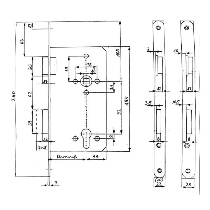 BEVER Einsteckschloss 1290 P PZW92/10, D65 F28x280ktg, Si, DR