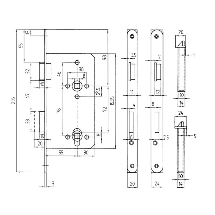 BEVER Einsteckschloss 2420 P PZW72/8 D55, F20x235rd, Si, DL