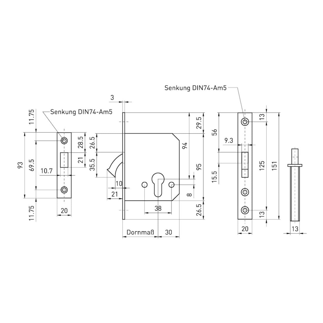 BEVER Schiebetürschloss 138 P PZ D55, F20x151ktg, Si