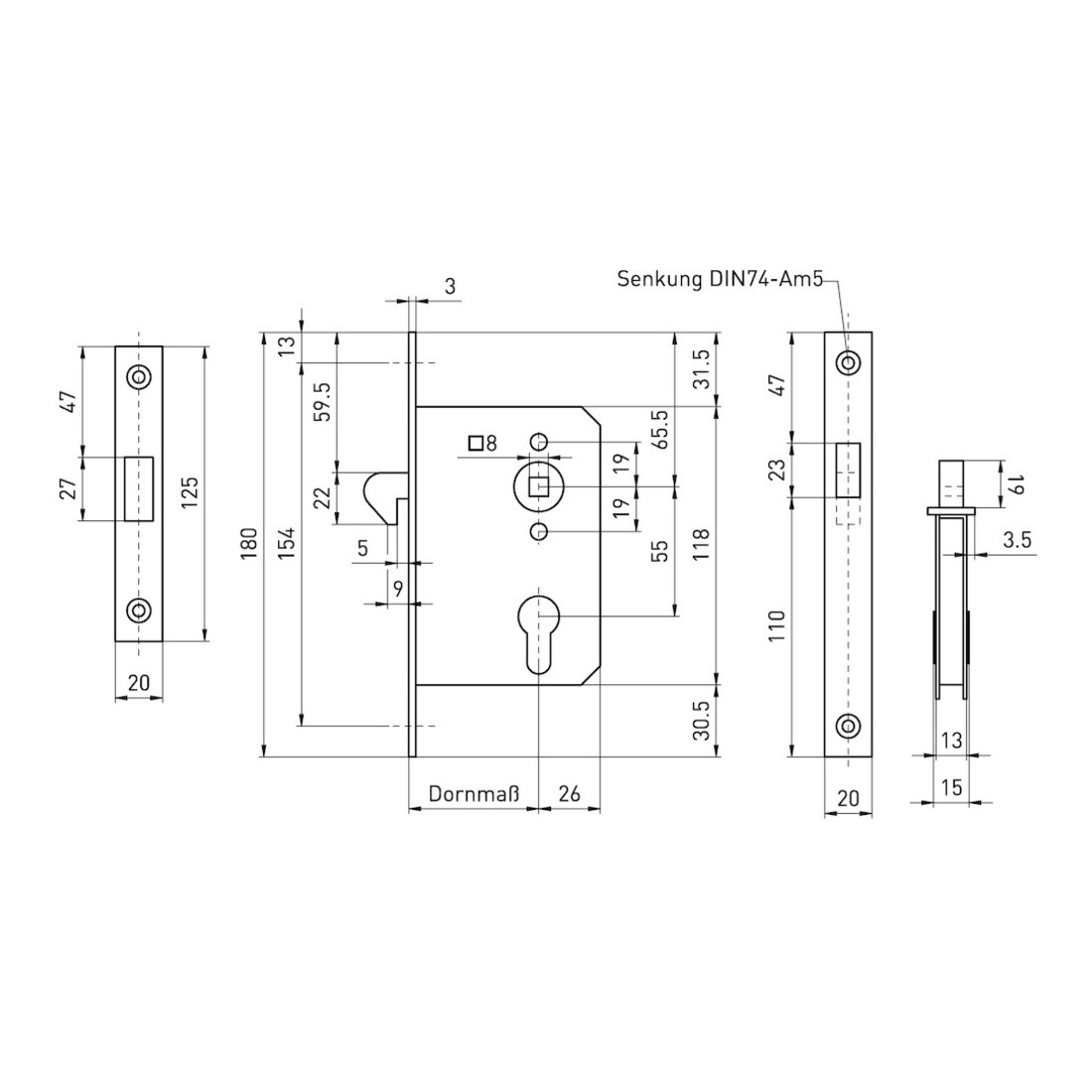 BEVER Schiebetürschloss 139 P PZ55/8 D55, F20x180ktg, Si