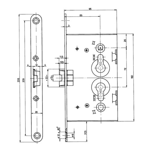 BEVER Serrure à encastrer 1009 PL, PZW72/8 D65, F20x235rd, SB