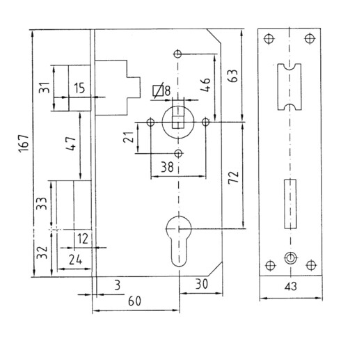 BEVER Tor-Schlosskasten 560 561 P mit verz. Schloss, PZ D60, E72, VK8, 43 kantig