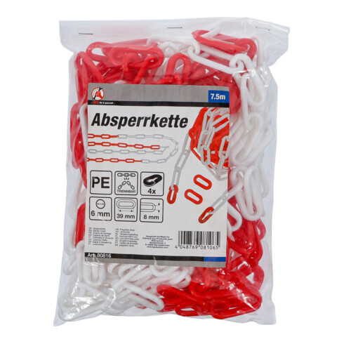 BGS Absperrkette, rot / weiß, 4 Karabiner, Kunststoff, 7,5 m