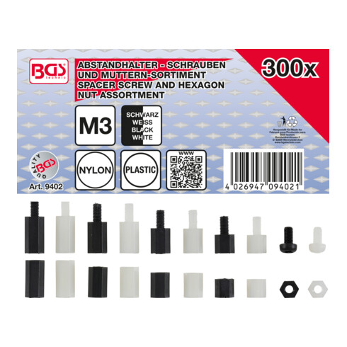 BGS Abstandhalter-Schrauben und Sechskant-Muttern-Sortiment 9402, Nylon, 300-tlg.