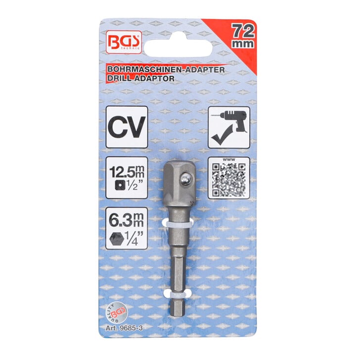 BGS Adapter für Bohrmaschinen 9685-3, Antrieb Außensechskant 6,3 mm (1/4") / Abtrieb Außenvierkant 12,5 mm (1/2")
