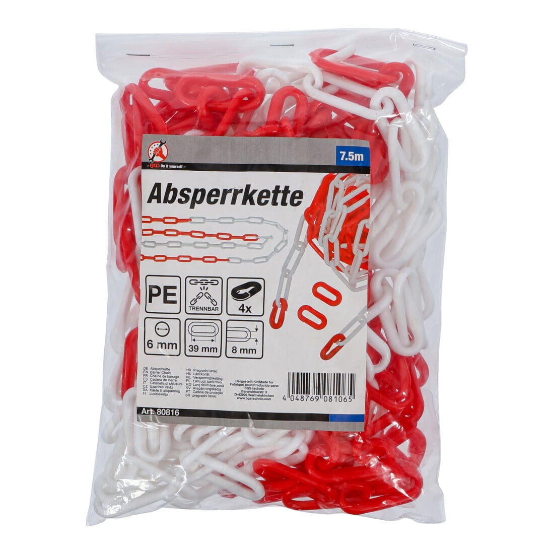 BGS Afzetketting, rood/wit, 4 karabijnhaken, kunststof, 7,5 m