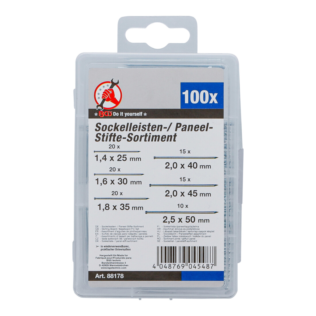 BGS Assortiment d’aiguilles de plinthe/panneau 100 pièces