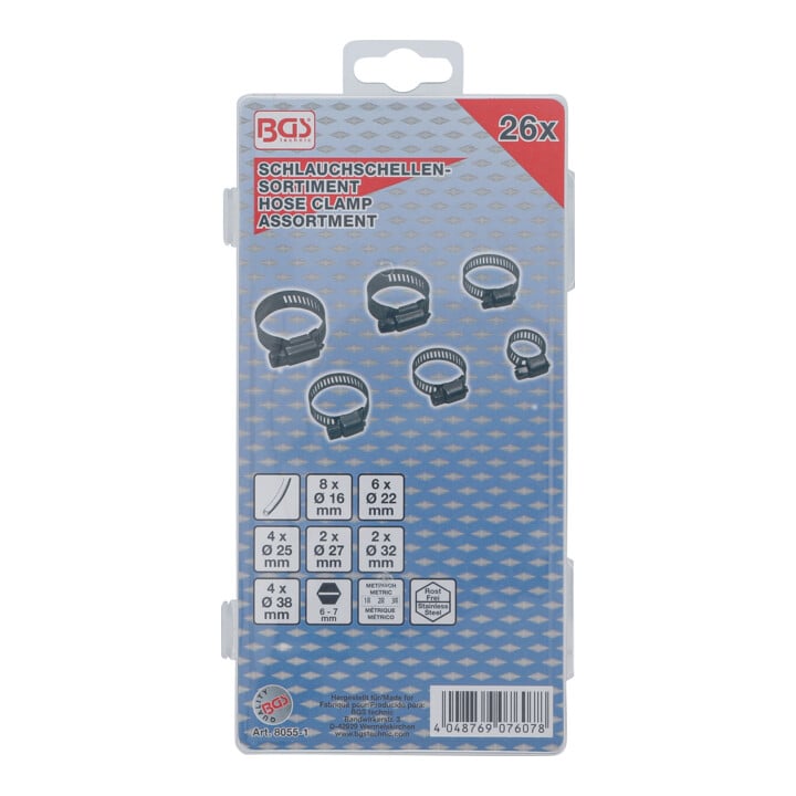 BGS Assortiment de colliers de serrage inoxydable Ø 16 - 38 mm 26 pièces