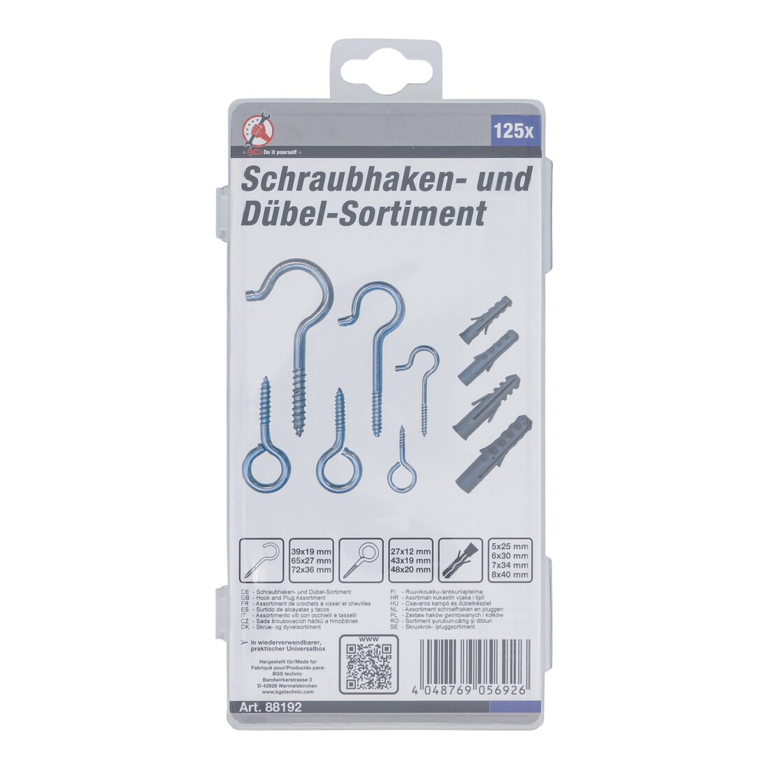 BGS Assortiment de crochets à visser et chevilles 125 pièces