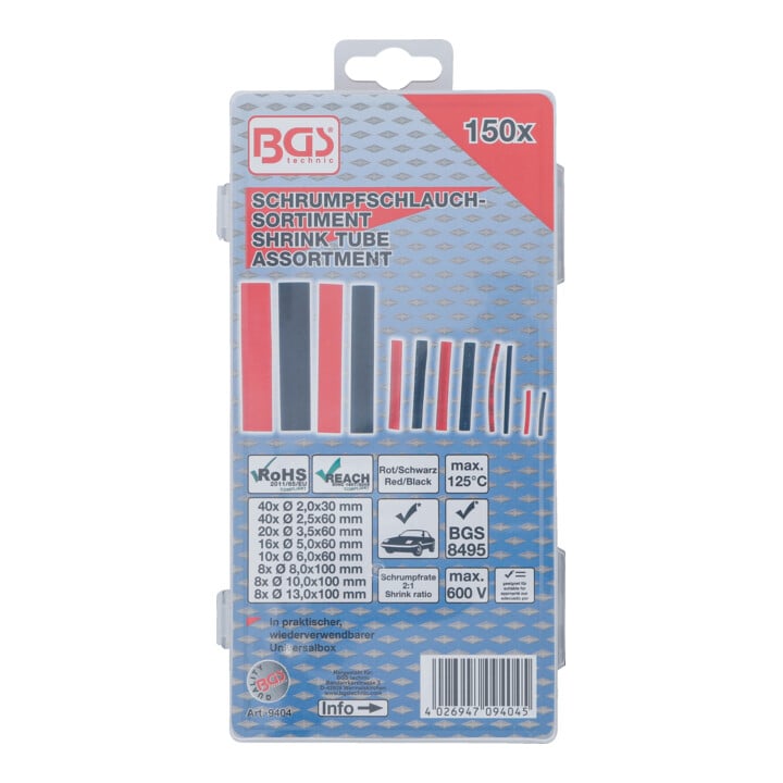 BGS Assortiment de gaines rétractables rouges / noires 150 pièces