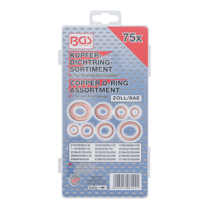 BGS Assortiment de joints d’étanchéité cuivre en pouces pour bouchons de vidange 75 pièces