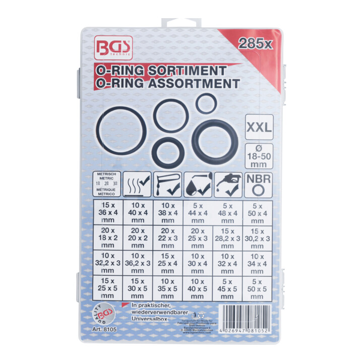 BGS Assortiment de joints toriques XXL Ø 18 - 50 mm 285 pièces