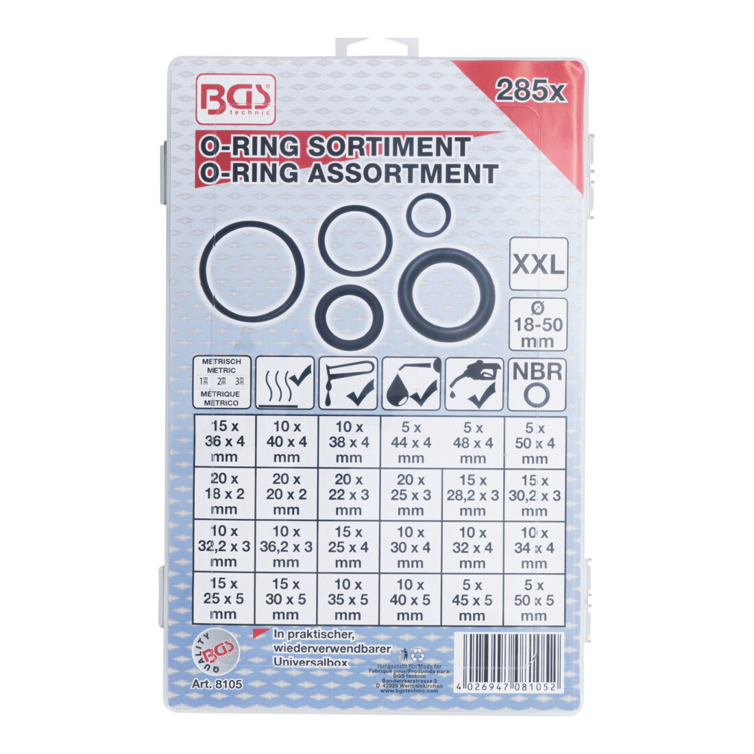 BGS Assortiment de joints toriques XXL Ø 18 - 50 mm 285 pièces