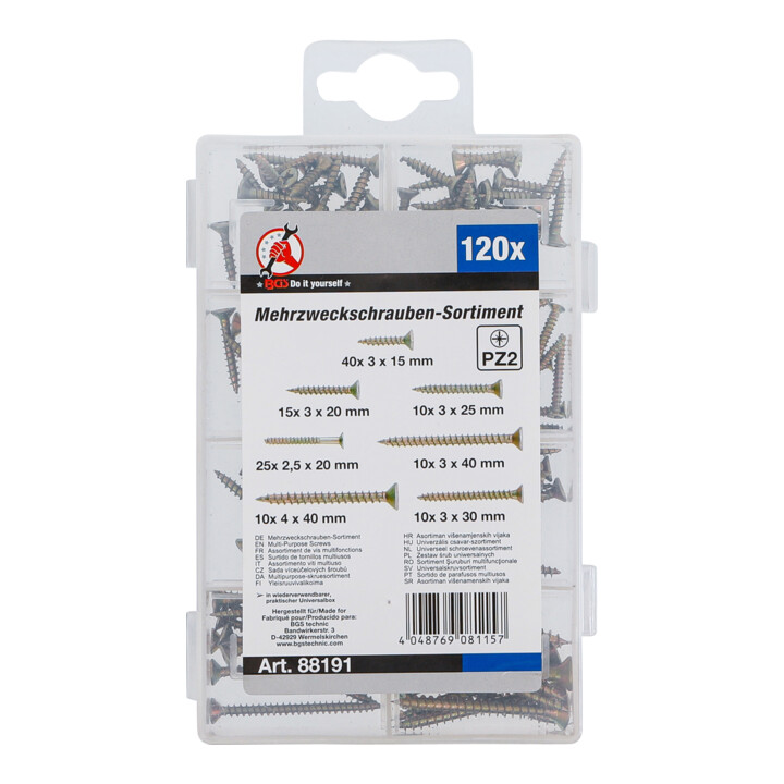 BGS Assortiment de vis polyvalentes, empreinte cruciforme PZ2, 120 pièces