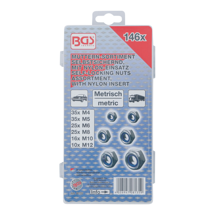 BGS Assortiment d’écrous six pans nilstop 146 pièces