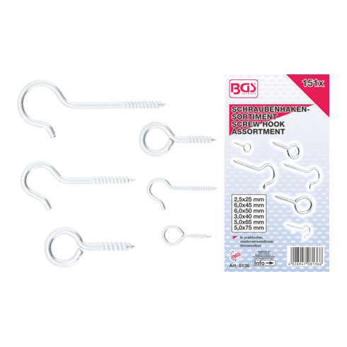 BGS Assortimento di ganci a vite, 151pz.