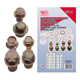 BGS Assortimento tappi coppa dell'olio e guarnizioni in rame, 534 pz.