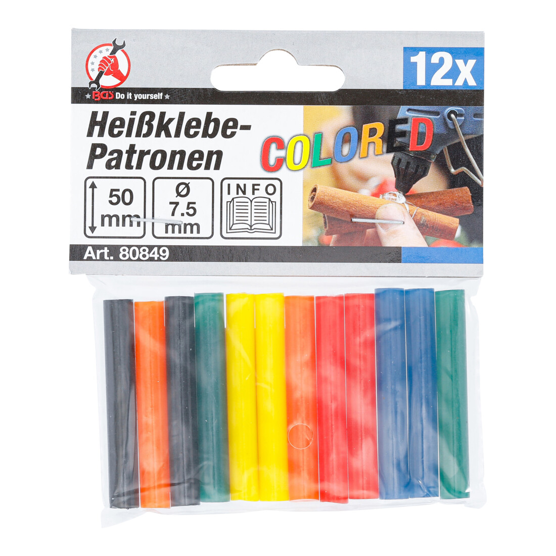 BGS Bâtonnets de colle chaude multicolores Ø 7,5 mm, 50 mm 12 pièces