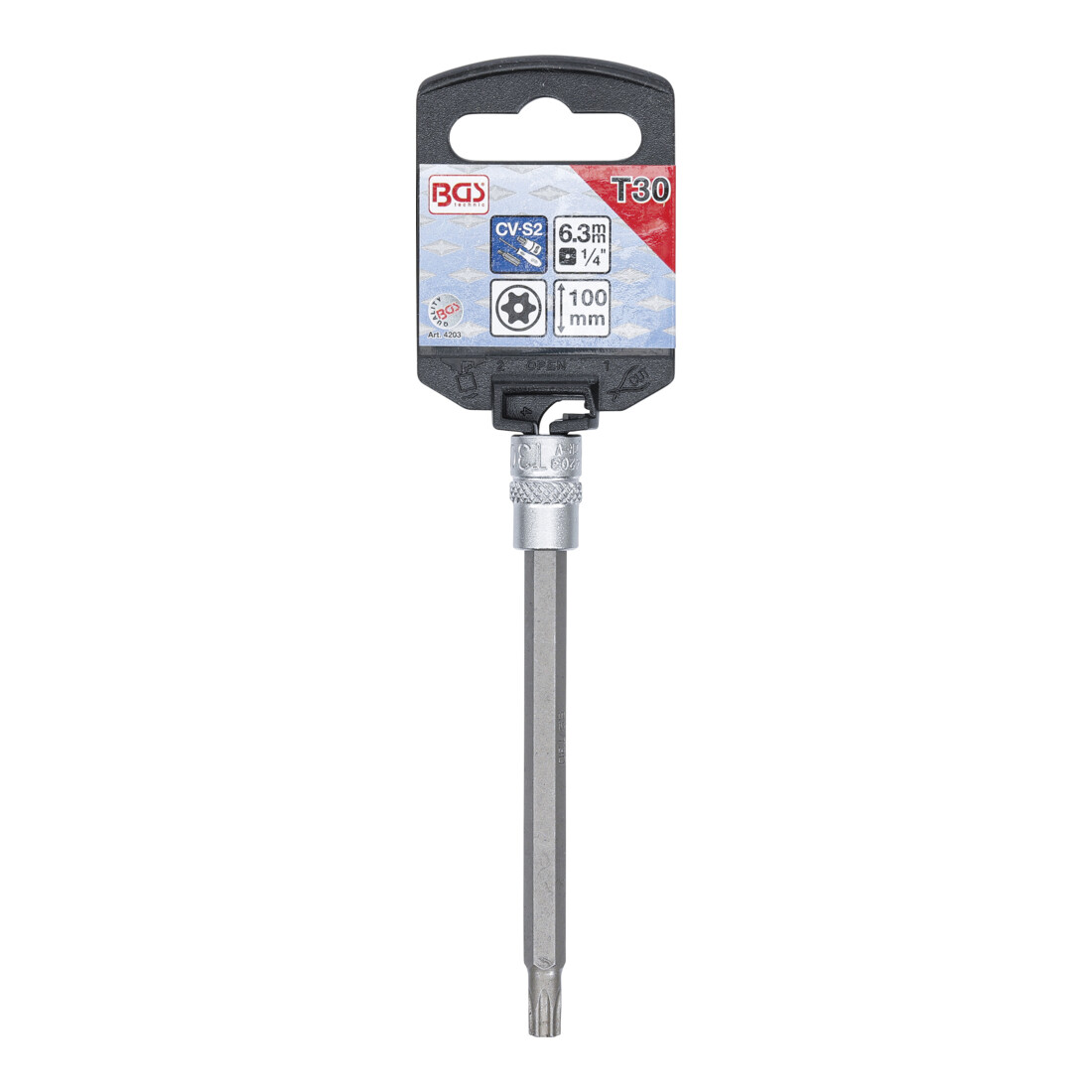 BGS Bit-Einsatz 4203, Länge 100 mm, Antrieb Innenvierkant 6,3 mm (1/4"), T-Profil (für TX) mit Bohrung T30