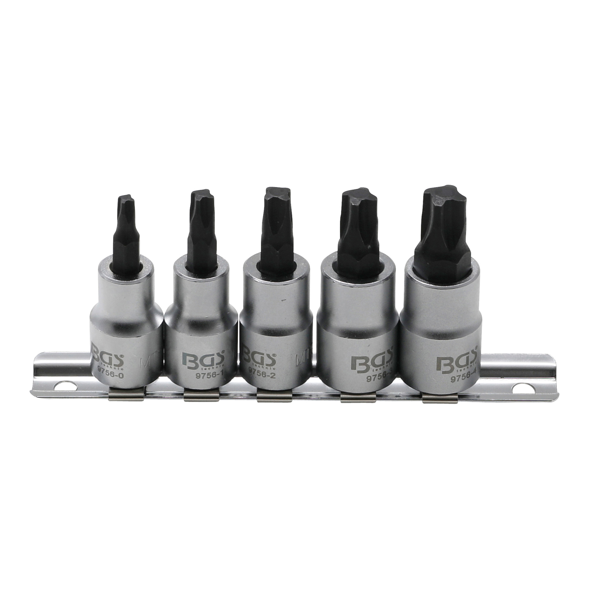 BGS Technic Bit-Einsatz-Satz Antrieb Innenvierkant 10 mm (3/8 Zoll) 4-kant Profil (für MTS-Mortorq) MTS0 - MTS04 5 teilig aus Metall für Schrauben mit