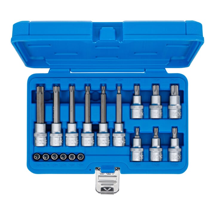 BGS Bit-Einsatz-Satz, Antrieb Innenvierkant 6,3 mm (1/4") / 12,5 mm (1/2"), T-Profil (für TX) mit Bohrung, 18-tlg.