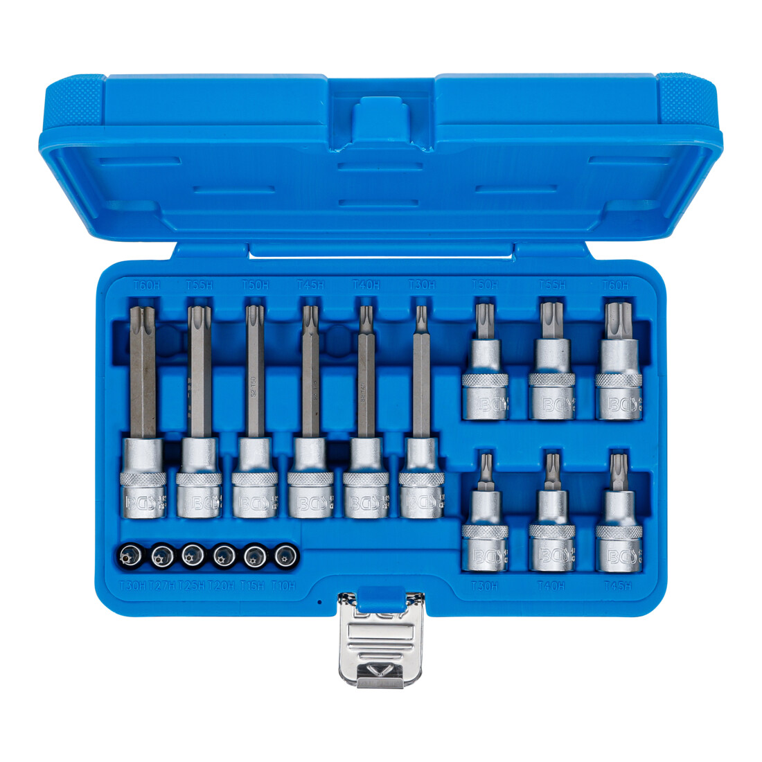 BGS Bitset, aandrijving binnenvierkant 6,3 mm (1/4") / 12,5 mm (1/2"), T-profiel (voor TX) met boring, 18-dlg.