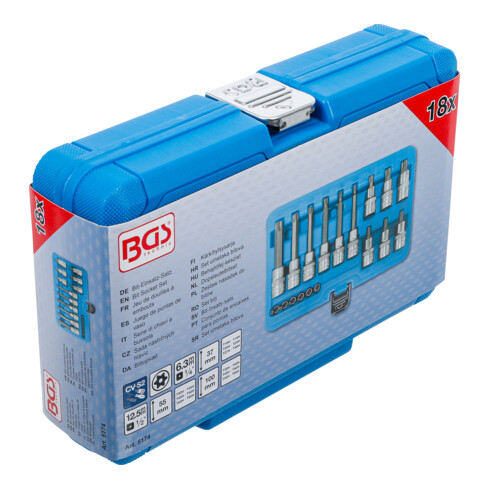 BGS Bitset, aandrijving binnenvierkant 6,3 mm (1/4") / 12,5 mm (1/2"), T-profiel (voor TX) met boring, 18-dlg.