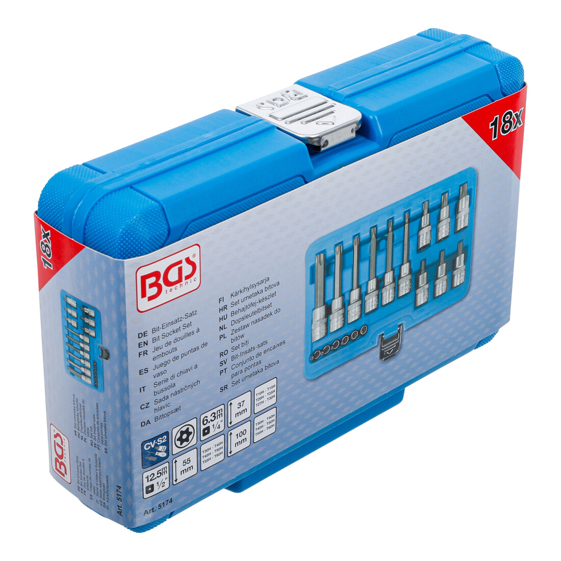 BGS Bitset, aandrijving binnenvierkant 6,3 mm (1/4") / 12,5 mm (1/2"), T-profiel (voor TX) met boring, 18-dlg.
