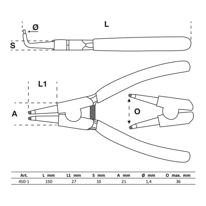 BGS borgveertang gebogen voor externe snap ringen 150 mm