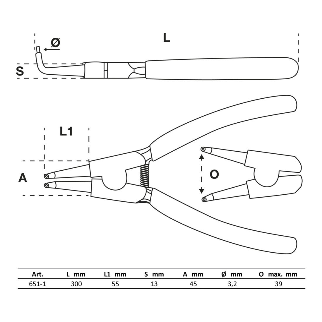 BGS borgveertang gebogen voor externe snap ringen 300 mm