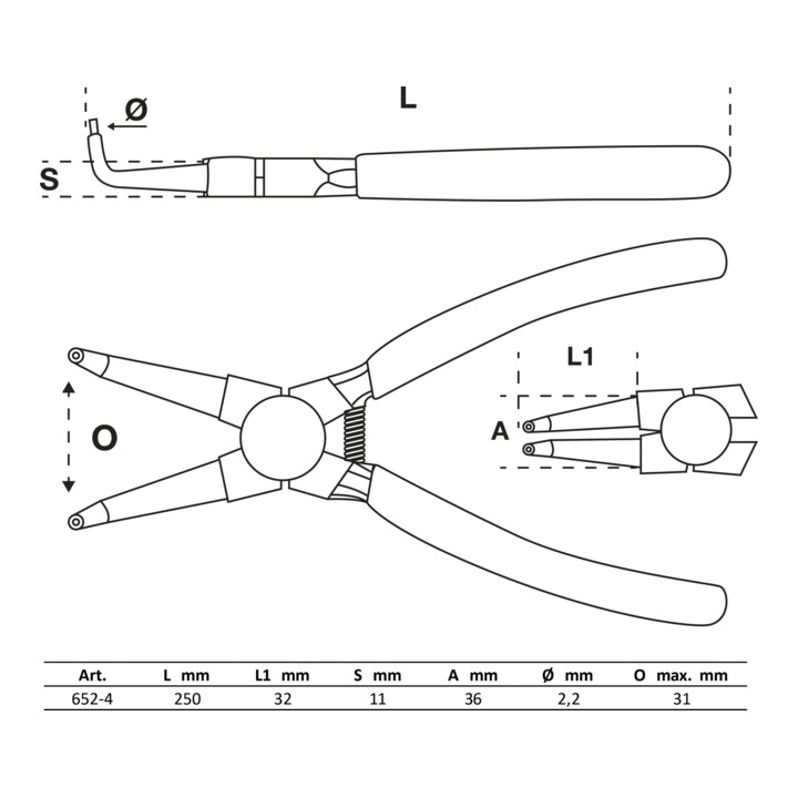 BGS borgveertang gebogen voor interne snap ringen 250 mm