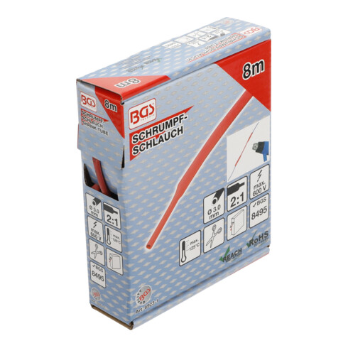 BGS Box gauine termorestringenti, rosso, Ø 3 mm, 8 m