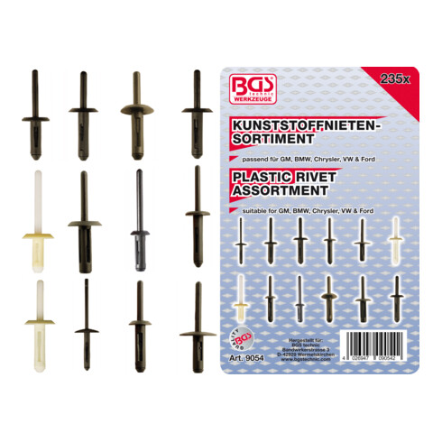 BGS Assortimento rivetti in plastica, per GM, BMW, Chrysler, VW, Ford, 235pz.