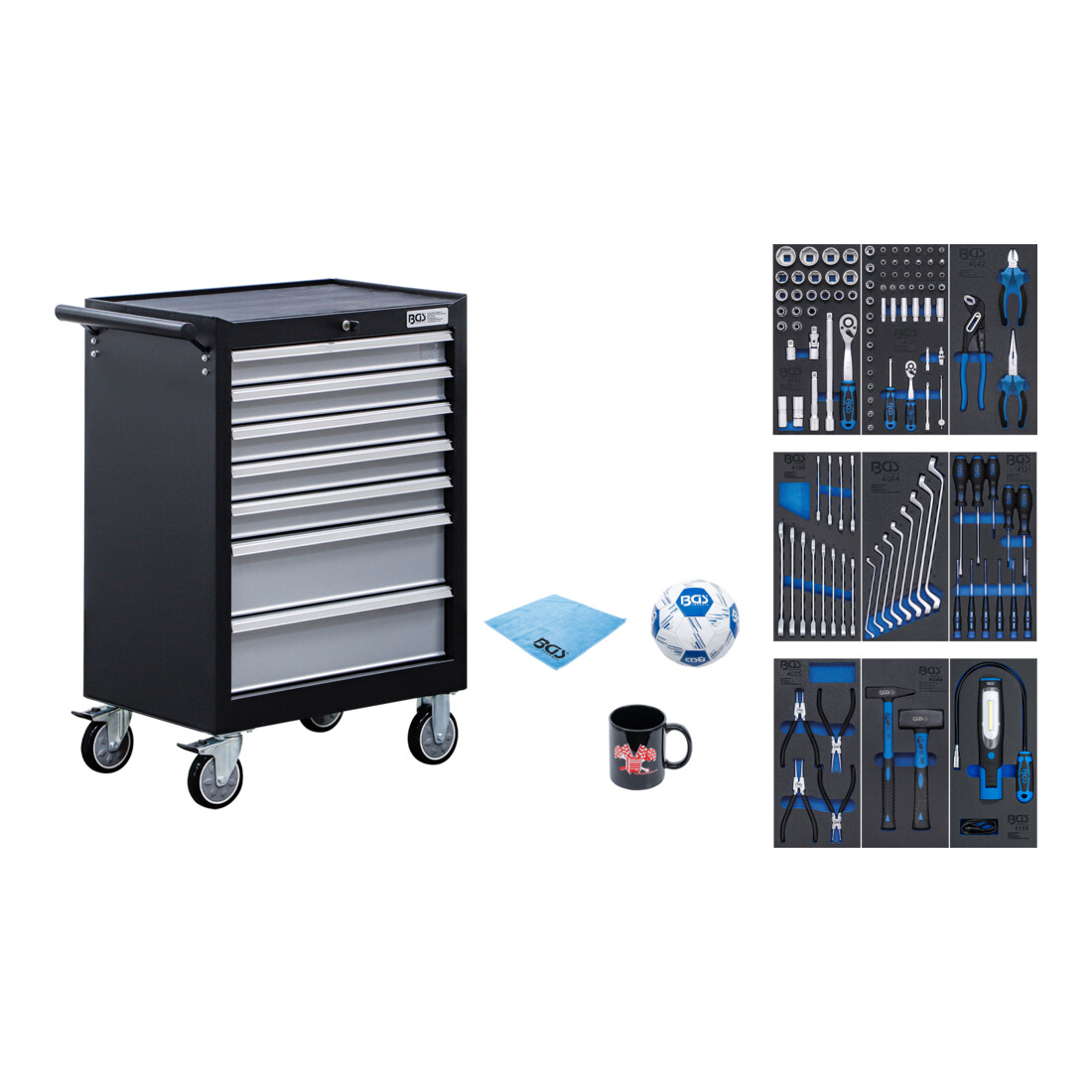 BGS Carrello da officina, 7 cassetti, con 120 attrezzi