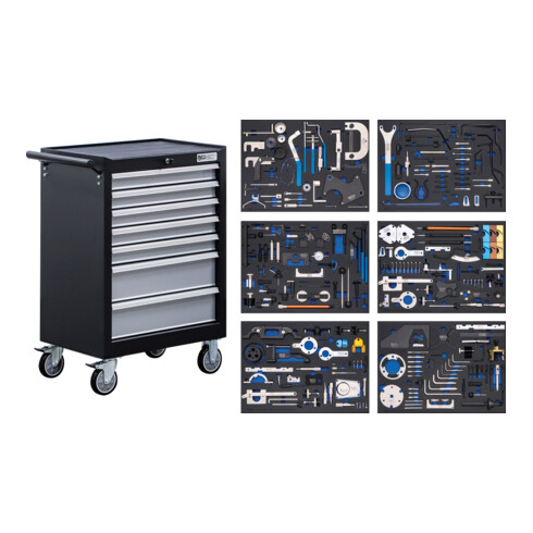 BGS Carrello da officina, 7 cassetti, set attrezzi regolazione motore, 223 pezzi